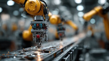 Robotic arms collaborate in mechanical engineering lab, assembling components with precision and speed, representing advanced manufacturing systems and automation in robotics.