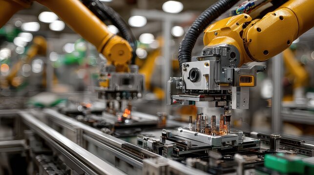 Robotic arms collaborate in mechanical engineering lab, assembling components with precision and speed, representing advanced manufacturing systems and automation in robotics.