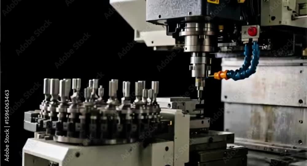 Poster automated cnc machine drilling with tool changer in a factory setting