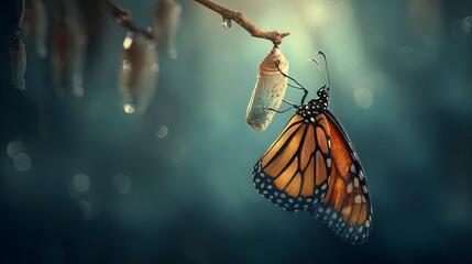 A vibrant Monarch butterfly emerging from its chrysalis, showcasing nature's beauty and transformation.