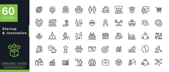 Startup & Innovation Outline Icons Set - Business, Growth, Idea, Technology, Vector