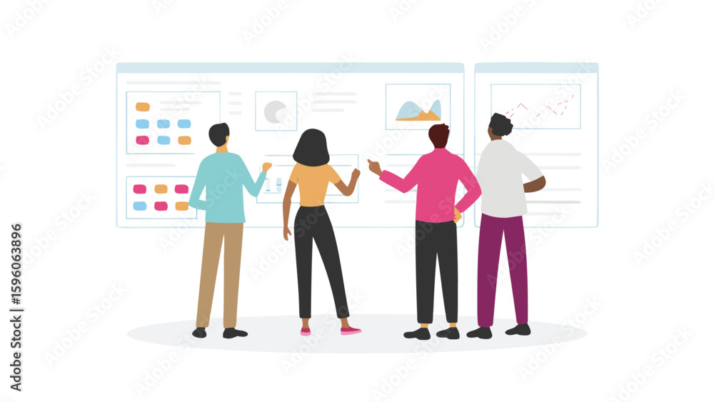 Aufkleber team of four people analyzing data charts and graphs on a whiteboard in a business setting