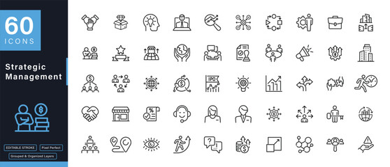 Strategic Management Outline Icons Set - Business, Growth, Success, Leadership, Vector
