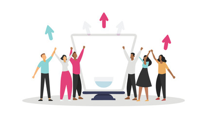 Group of diverse people celebrating success in front of a large screen with arrows pointing up