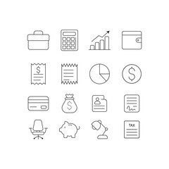 black line icons of finance, accounting, and office essentials including charts, receipts, credit card, and documents