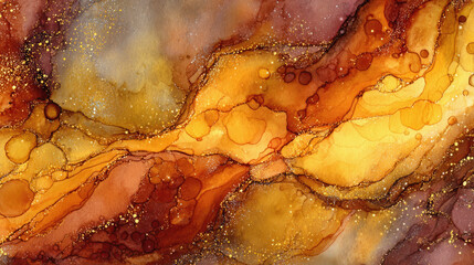Vibrant abstract artwork in rich golden and burgundy tones with flowing fluid patterns creating dramatic artistic impact.