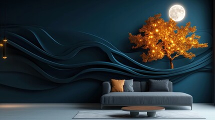 Contemporary living room featuring a glowing tree under a full moon at night