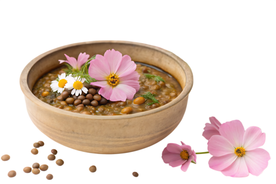 Earthy Tones A Rustic Bowl of Lentils Adorned with Delicate Cosmos Blossoms isolated on  AI generated by PNG