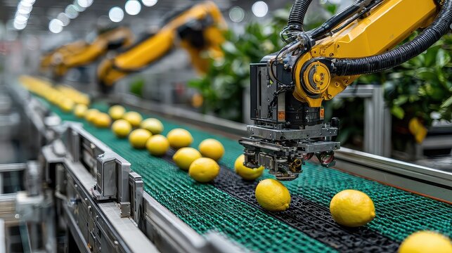 Robotic arms sorting fresh fruit by ripeness and defects using AI sensors, fully automating food packaging process with zero human contact in advanced agritech facility