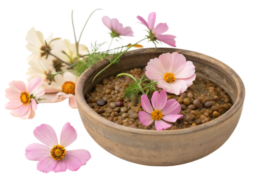 Earthy Tones A Rustic Bowl of Lentils Adorned with Delicate Cosmos Blossoms isolated on  AI generated by PNG