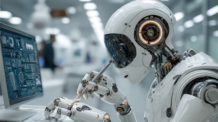 Fototapeta premium Robotic dental assistant performs precise teeth cleaning under dentist supervision in modern clinical room, showing automation in oral healthcare and advanced medical robotics