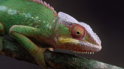 Fototapeta premium Close-up of a chameleon changing colors on a branch, intricate details. Wildlife, adaptation.