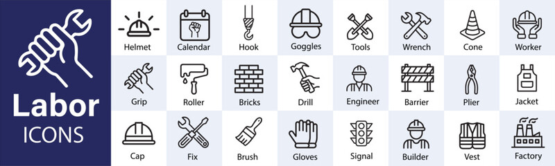 Labor Icon Set  Construction, Safety, Tools, and Worker Symbols