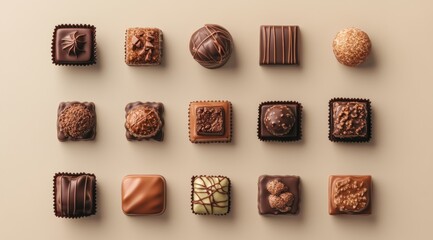 Delicious assortment of various chocolate pralines in top view on beige background