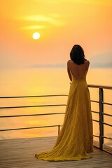 Beautiful woman in dress standing on big balcony enjoying sunset with sea view. Back view. Space style photography