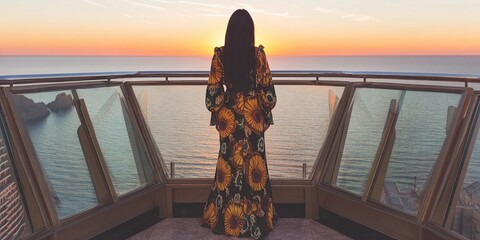 Beautiful woman in dress standing on big balcony enjoying sunset with sea view. Back view. Space style photography