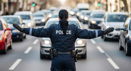 Woman police officer with arms outstretched, controlling heavy traffic on a city street for order and safety.