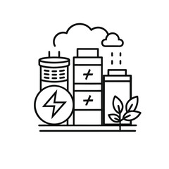 An illustration depicting battery storage, power generation symbols, and a plant, symbolising green energy solutions isolated on a white background.