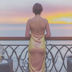 Beautiful woman in dress standing on big balcony enjoying sunset with sea view. Back view. Space style photography