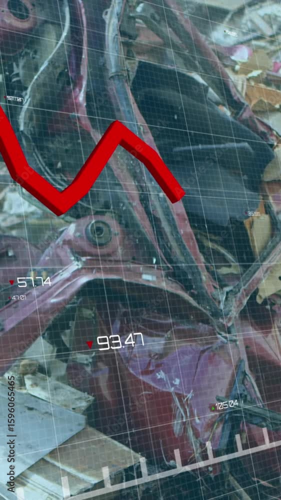 Poster animation of red line and financial data processing over wasteland