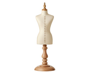 Dress form mannequin clothing display wooden stand tailoring tool cream color fashion design sewing isolated vertical
