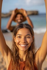 Happy woman raising hands on beach, smiling and man in celebration with gratitude for tropical vacation, island getaway