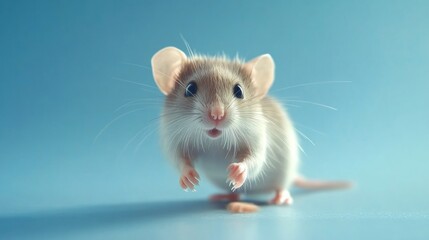 Realistic Rat Walking on All Fours Midstep with Clean Soft Brown Gray Fur Detailed Whiskers Natural Anatomy Smooth Blue Background