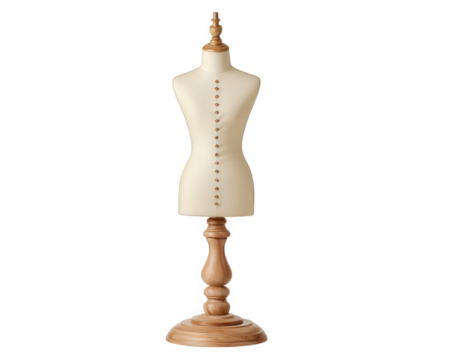 Dress form mannequin clothing display wooden stand tailoring tool cream color fashion design sewing isolated vertical