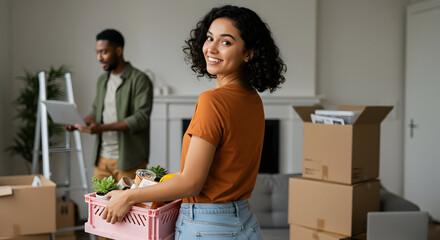 Happy young couple unpacking boxes in their new home, smiling and excited about their fresh start together, a bright future awaits them.