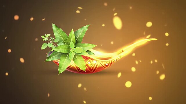 Graceful animation of a decorated Kalash with mango leaves and Tulsi plant glowing softly, golden particles floating gently in the background