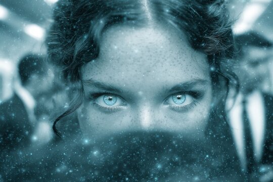 Silent observer: a woman's attentive eyes in a crowded train. Urban safety tips. Travel safety in action: remaining vigilant in crowded urban environments. Safe travel abroad. Street safety.