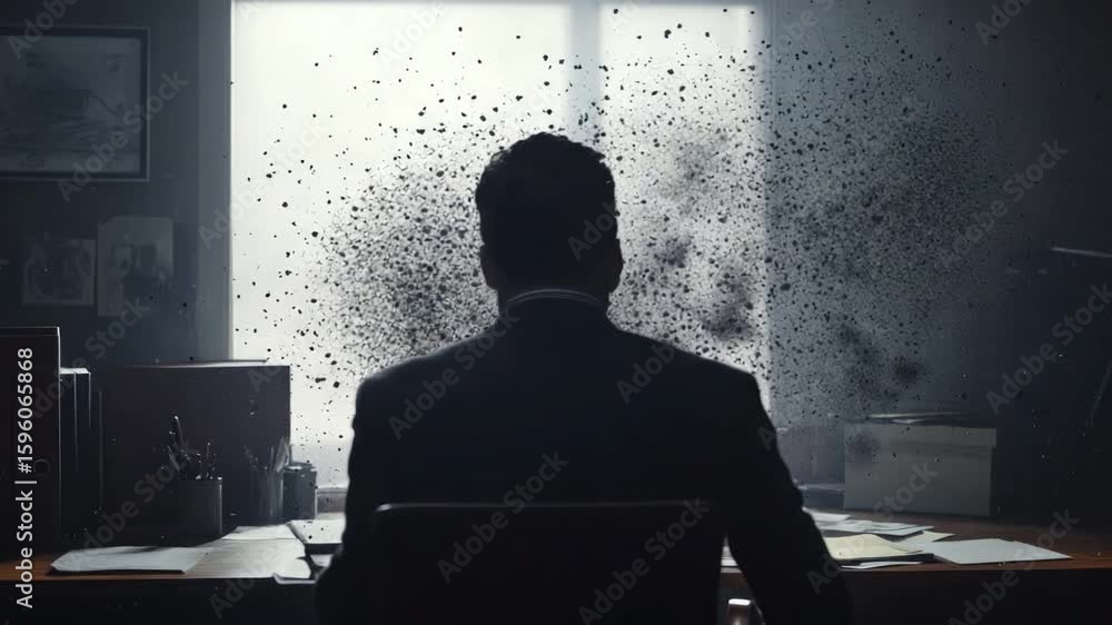 Poster abstract representation of transformation and creativity through man with dispersing particles in mo