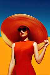 Photo of gorgeous positive lady in big sun hat creating empty space on color background