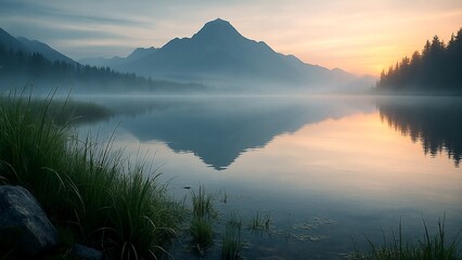 朝霧に包まれた高原の静かな湖と山影