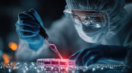 Scientist in protective gear conducts precision lab testing, symbolizing biosecurity, accurate research methods, and controlled scientific environments powered by digital tools.