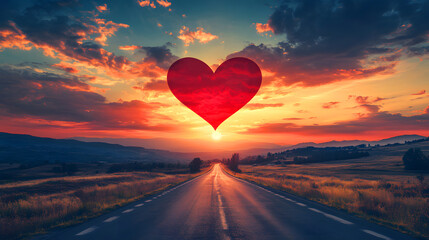 Romantic sunset sky and a road leading towards a heart symbol representing love and passion for a journey together.