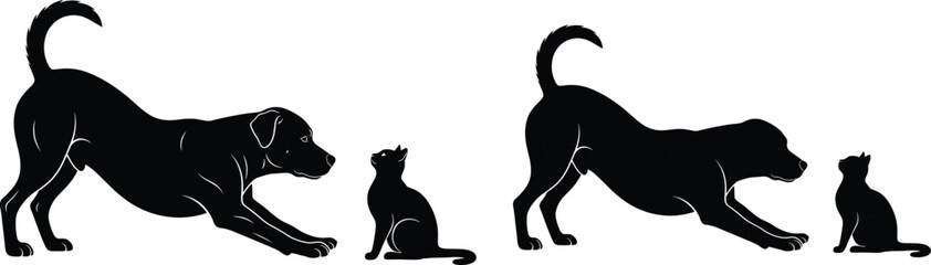 Dog and cat interaction silhouette vector illustration, playful bowing dog, sitting cat figure, animal gesture sketch, black white art, cad style, pet behavior icon, minimal domestic animal scene