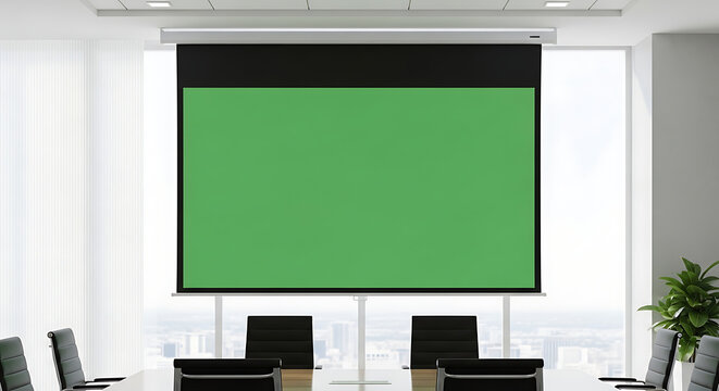 Empty corporate conference room with a large chroma key projector screen for business presentations.
