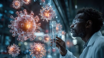 Scientist observes floating virus models beside a test tube, visualizing biotechnology, pathogen research, and AI-supported disease analysis in a futuristic medical lab environment.