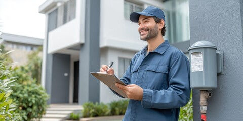 Residential Utility Meter Reader Smiling with Clipboard