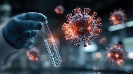 Scientist observes floating virus models beside a test tube, visualizing biotechnology, pathogen research, and AI-supported disease analysis in a futuristic medical lab environment.