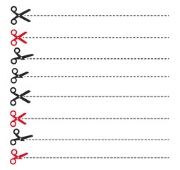 Scissors with dotted paper cutting line. Paper cutting guide line with scissors silhouette.