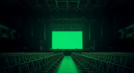 Dark concert venue with an empty stage and a central green chroma key screen, concept for virtual events.