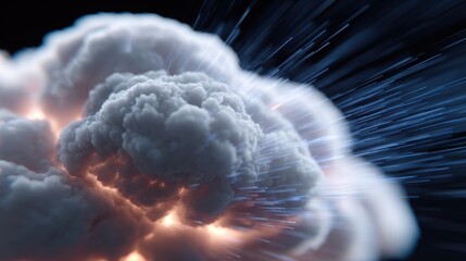 Conceptual image of a cloud bursting with data and light, limitless potential. Growth, innovation. Explosive.