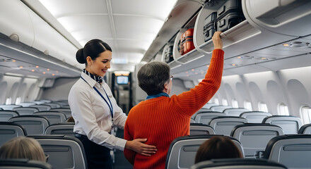 Friendly flight attendant assists passenger with luggage in overhead compartment on airplane cabin