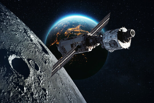 spacecraft orbiting the Moon with Earth glowing in the background. Stunning view of space exploration, lunar surface, and advanced satellite technology in outer space