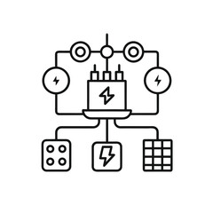 A black line drawing of an electrical circuit diagram showing various components like power sources, meters, and a grid, isolated on a white background.