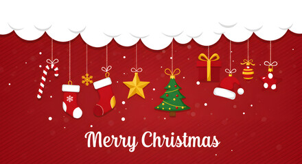 Naklejka premium Merry Christmas! Celebrate the holidays with this festive illustration featuring hanging ornaments, candy canes, and stockings against a cheerful red background.