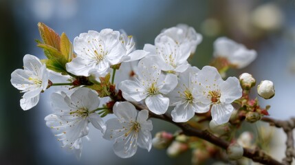 Obraz premium Delicate Pink Cherry Blossom Flowers on a Branch with Gentle Spring Morning Light Background
