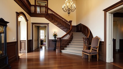 Elegant grand staircase in a luxurious historic mansion interior